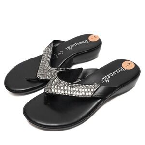 Toscanella Womens 7M Black Rhinestone Thong Sandals Low Wedge Italy